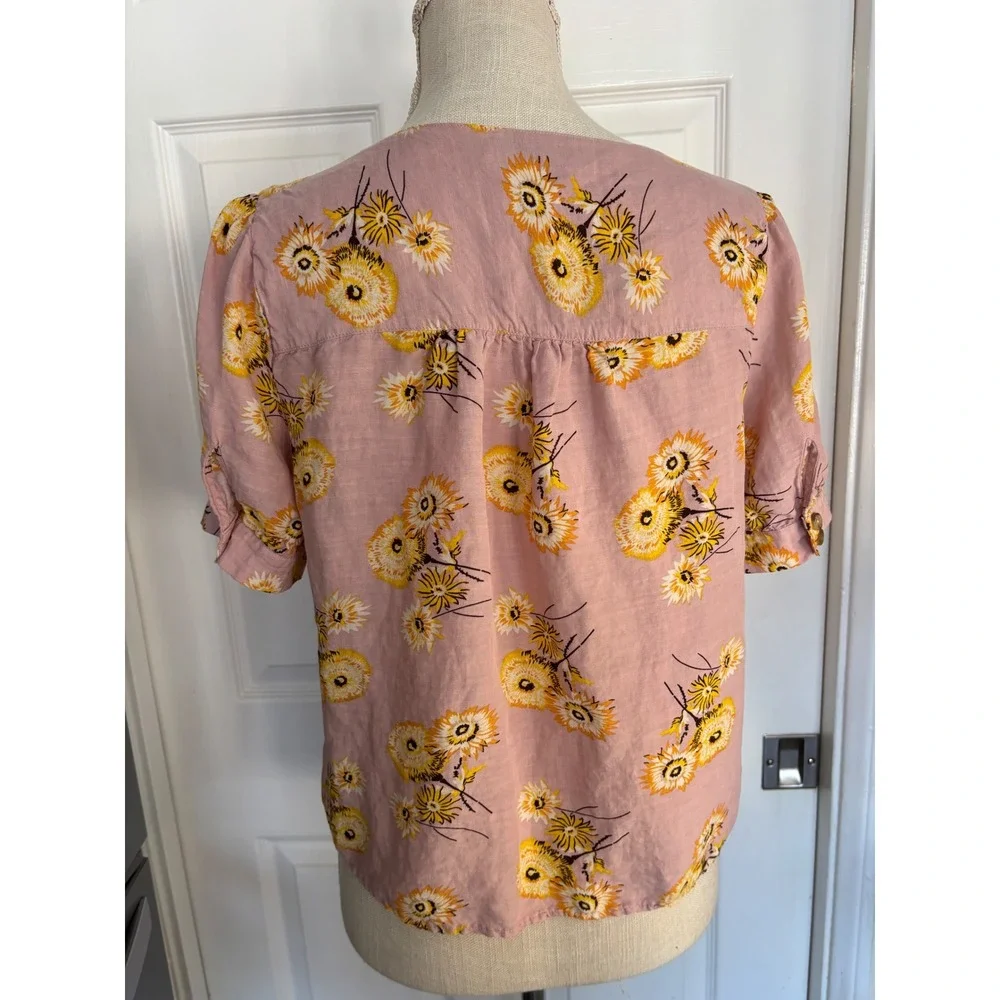 Madewell Button Front Blouse Size M Pink Yellow Floral Linen Blend Puff Sleeve